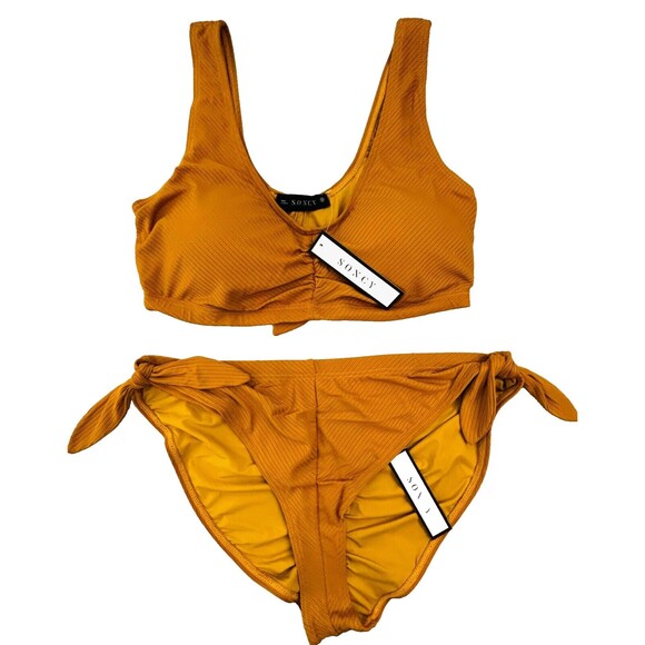 NWT Soncy Bikini Two Piece Swimsuit Tie Detail Ribbed Mustard Yellow Curvy Sz 12 - Picture 3 of 14